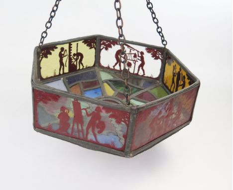 An Art Deco painted and stained glass ceiling light of octagonal basket form, painted panels of the classical arts, 31.5x8cm.