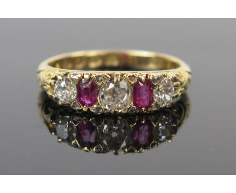 Victorian 18ct Gold, Ruby and Diamond Five Stone Ring, size J.5, 3.5g. Central stone c. 4mm 