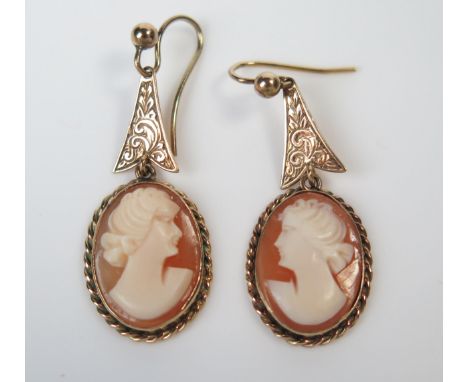 Pair of 9ct Gold Shell Cameo Pendant Earrings, c. 35mm drop 