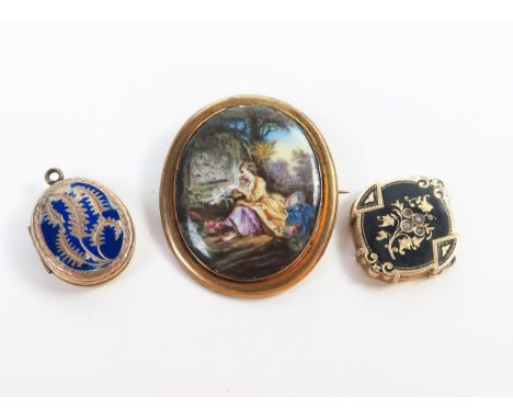 19th Century Yellow Metal, Black Enamel and Pearl Memorial Locket (A/F, 6.1g), gold plated and blue enamel locket and brooch 