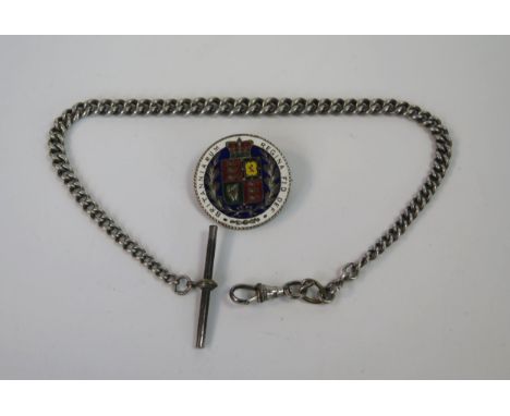 Silver Albert with T-bar and 1884 enamel silver coin brooch 