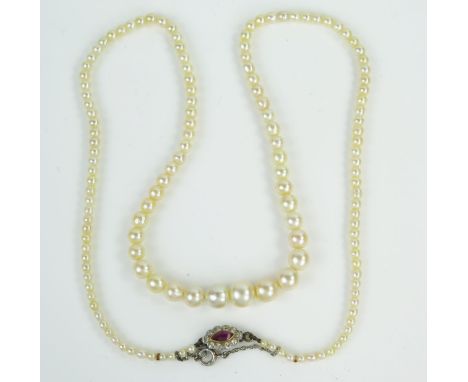 19.5" Graduated Pearl Necklace with a marquise cut ruby and old cut diamond clasp, largest pearl c. 12.5mm, 13.1g 