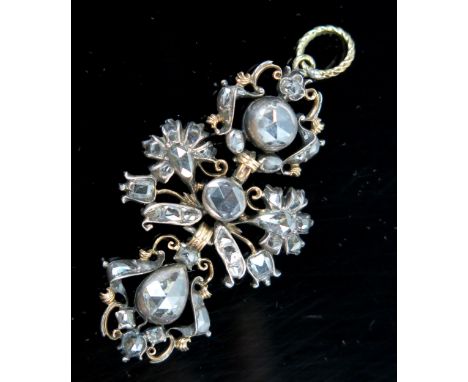 Rare 18th Century Baroque Diamond Pendant, the old cut foil backed stones cut in a variety of shapes including a pear cut to 