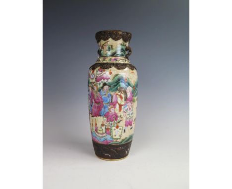 A 20th Century Chinese crackle glaze and famille rose enamel vase, 26cm. 