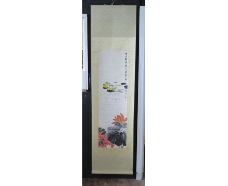 A Chinese scroll painting, ink and watercolour on paper, attributed to Qi Liangchi, 115x33.5cm. 