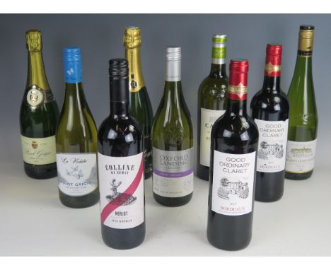 Nine Bottles of Red, White and Sparkling Wine and wine rack 