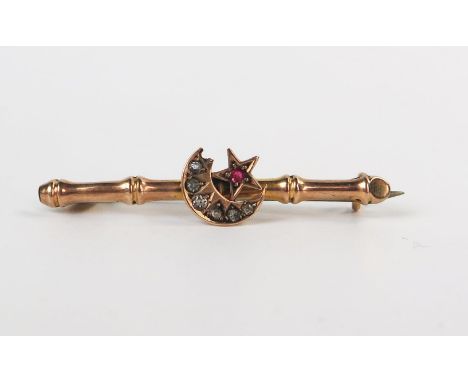 Antique 9ct Gold Crescent and Star White and Red Stone Mounted Bar Brooch, 37mm, Chester 1902, W.H.C., 1.3g 