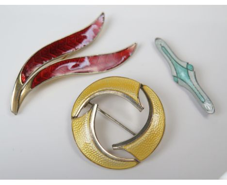 Sterling Silver and Yellow Enamel Brooch (maker BJP, 37.5mm diam.), Norwegian Sterling silver and red enamel leaf brooch and 