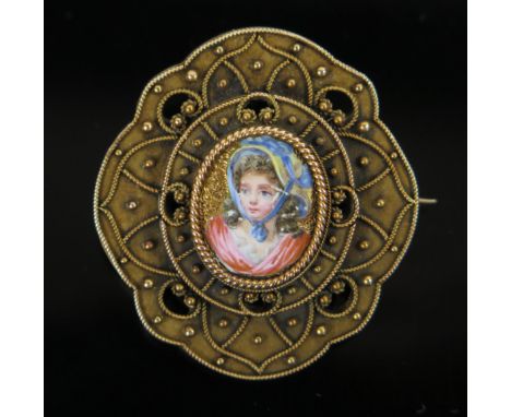 19th Century Enamel Miniature Locket Back Brooch decorated with the bust of a lady and  in an unmarked 15ct gold setting, c. 