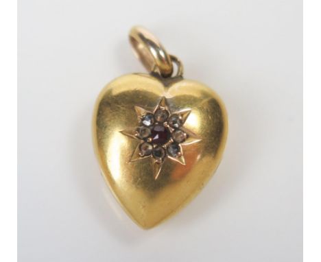 15ct Gold, Ruby and Rose Cut Diamond Heart Shaped Pendant, Chester marks, 22mm drop, 1.5g. Split to side 