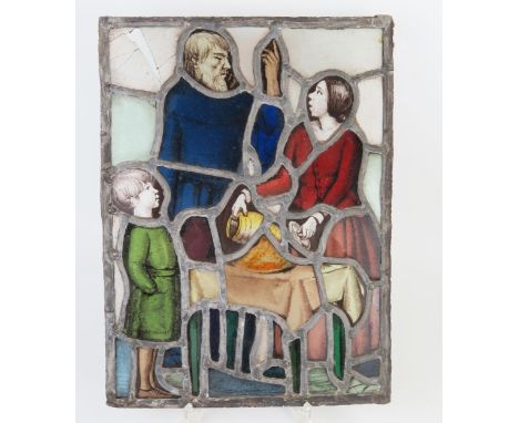 An Arts and Crafts stain glass and lead panel, of rectangular form figures, 36.5x27cm. 