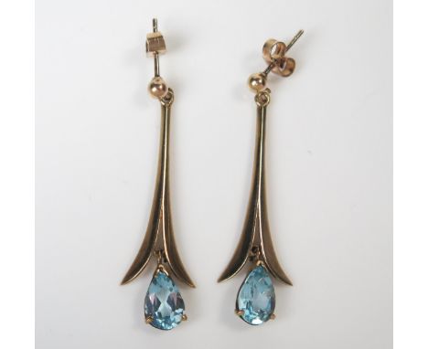 Pair of 9ct Gold and Blue Topaz Pendant Earrings, 40mm drop, 3.6g 