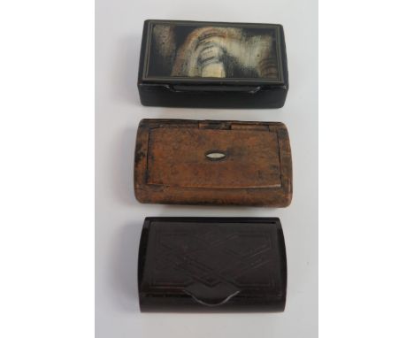 A 19th Century lacquered snuff box, together with burr walnut snuff box and Bakelite one similar, (3). 