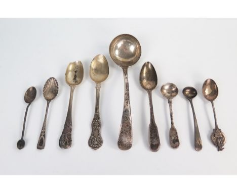 A mixed group of silver, a sauce ladle, three teaspoons, two mustard spoons, three coffee spoons, various dates and makers, 2