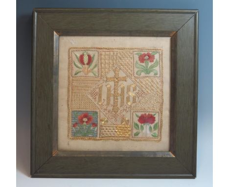 A late 19th Century gold wire and silk religious panel, 18x18cm. 