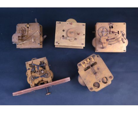 Tame Side Single Fusee Clock Movement, four other movements and box of clock spares and tools 
