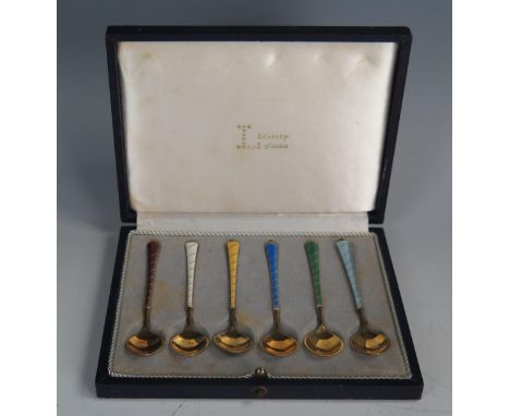 Liberty Cased Set of Six Silver Gilt and Harlequin Enamel Demitasse Spoons by Egon Lauridsen of Denmark _ marked ELa, London 