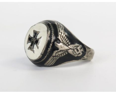 Nazi German White Metal and Enamel Officer's Ring 