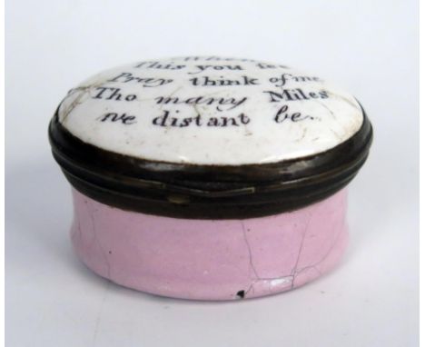 A 19th Century Staffordshire enamel oval patchbox, the motto- When this you see pray think of me tho many miles we distant be