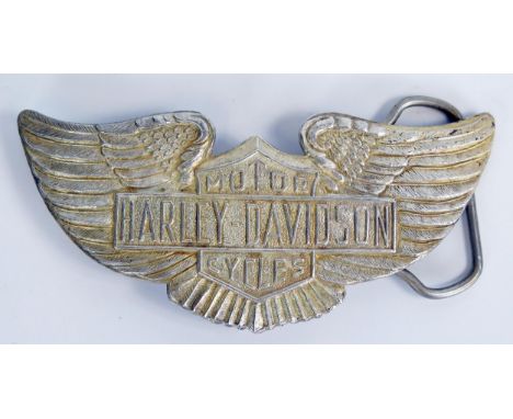 Harley-Davidson Motorcycles, a white metal belt buckle, 11.5cm wide. 