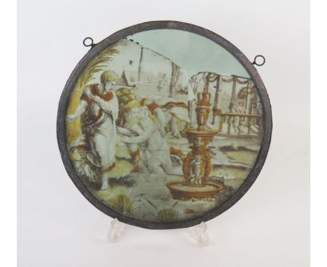 A stain glass circular pendant panel, classical scene, 27cm diameter. 