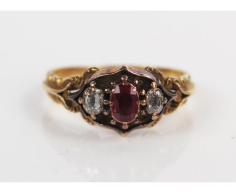 Antique Ruby and Old Cut Diamond Ring in an unmarked high carat gold setting with foliate shoulders, size Q, 3.3g, Ruby c. 4.