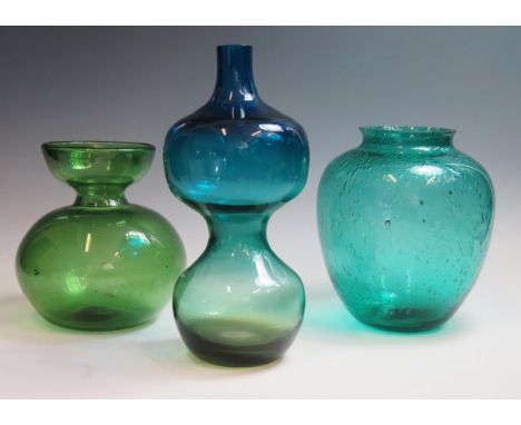 A 20th Century double gourd glass vase, blue fading to green, probably Murano, 29cm high, together with a green soda glass va