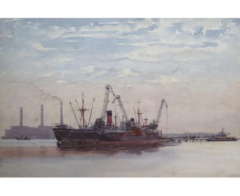 Norman Wilkinson (1878 - 1971) British Marine Painter, 'Cargo Ship Unloading', Watercolour with Gallery label verso, 53 x 36c
