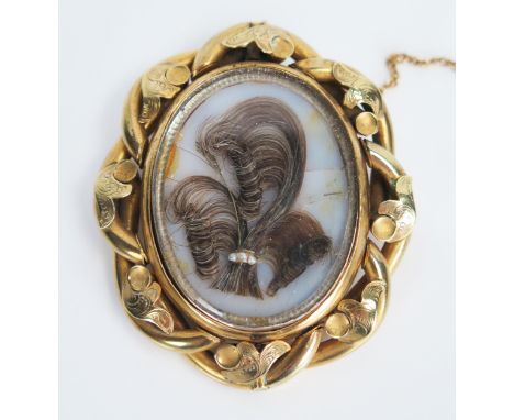 Victorian Pinchbeck Memorial Brooch, the double sided swivel panel set with hair and pearl spray to both sides, 58x50mm 