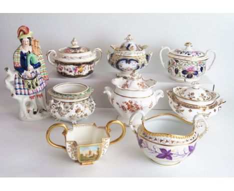 A group of early/ mid 19th Century English porcelain sugar basin, eight, one lid missing, together with a modern Highland Pip