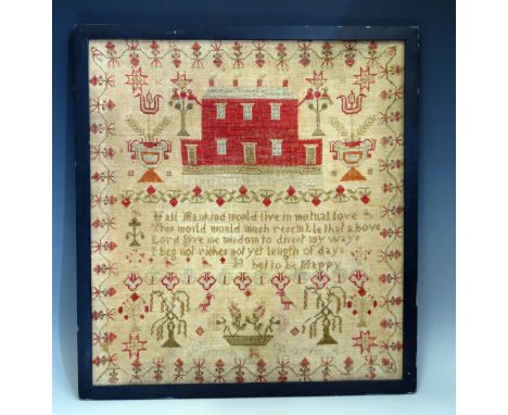A 19th Century House and Garden sampler, Hannah Harris 45, 45x41cm. 