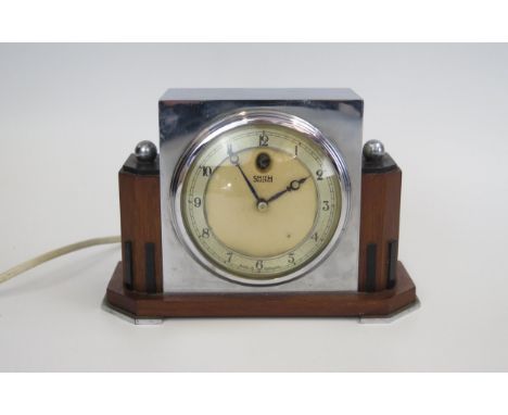 SMITH Electric Art Deco Chrome and Wood Mantle Clock, 18.5x12.5cm 