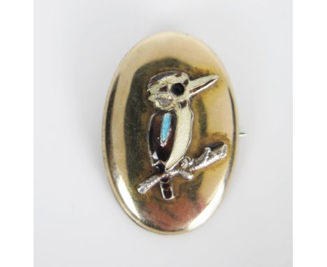 Kookaburra Enamel Brooch on 9ct gold with silver lining, 28x19mm, 2.8g 