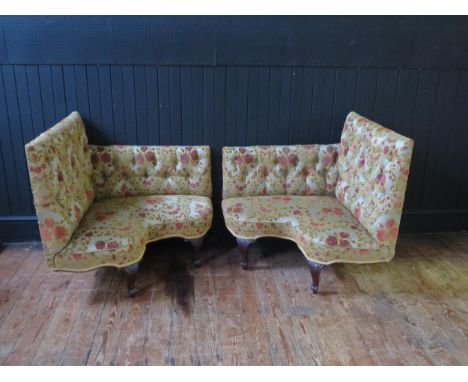 A pair of unusual button back Edwardian corner seats, short carved cabriole legs, 84x79x84cm. 