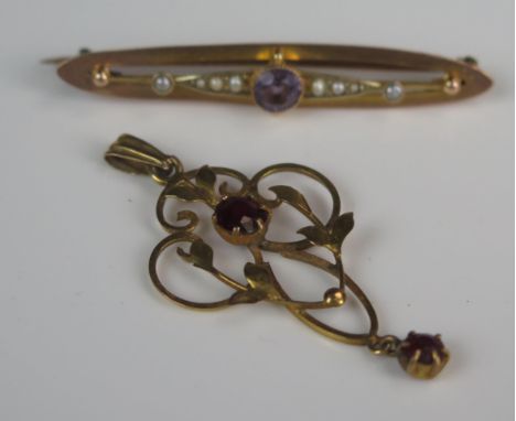 9ct Gold and Garnet Pendant (45mm drop, 1.6g) and 9ct gold, amethyst and pearl brooch (47mm wide, 2.2g) 