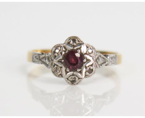 Platinum, Spinel and Diamond Flower Head Ring, size K.5, 2.2g