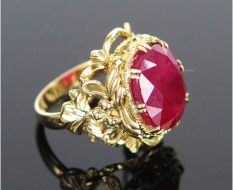 LARRY 14K Gold and Ruby Ring in an ornate foliate setting, stone c. 13x11x8mm, size M.5, 7.4g 