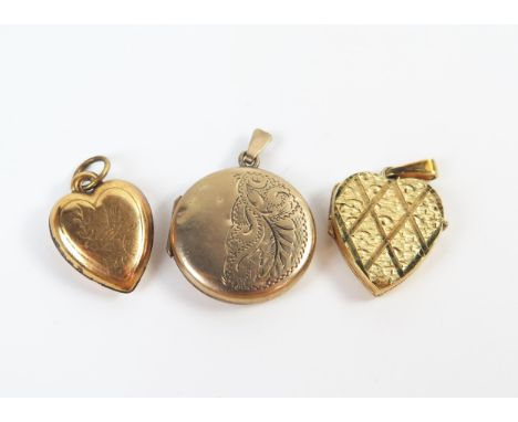 9ct Gold Front and Back Circular Locket (22mm diam., 3.6g), 9ct rolled gold heart shaped locket and one other 