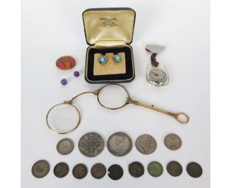 Victorian and later Silver Coins, lorgnette and CYMA nurses watch 