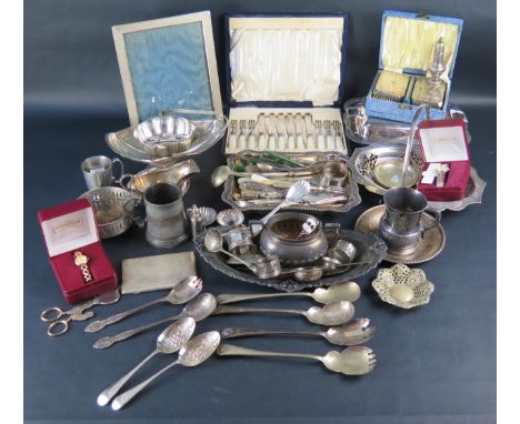 Two Boxes of Silver Plate including  entre dish, swing handled dishes, flatware, photograph frame, etc. 