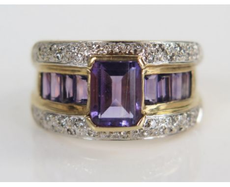 9K Gold, Amethyst and Diamond Dress Ring, size R.5, 4.8g 