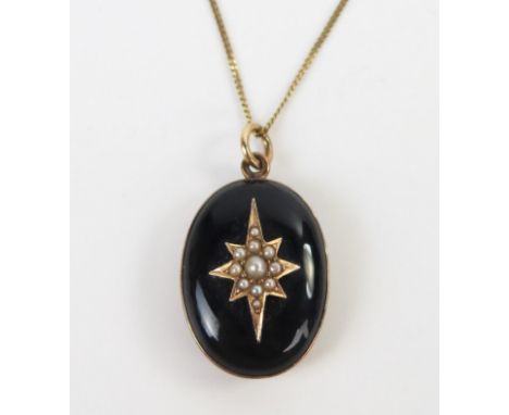 Victorian Black Enamel and Pearl Mourning Pendant in a yellow metal mount (25mm drop) and on an 18.5" 9K gold chain (O.6g 