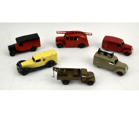 Dinky toys 25H Streamlined fire engine, 34b Royal Mail Delivery Vans, 30f ambulance, tow truck, .    