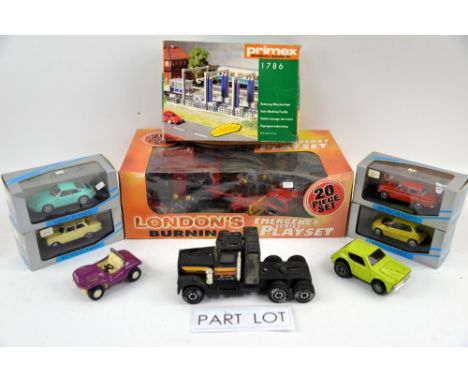 Four 1:43 scale Minichamps models, a red Tri-ang pressed metal crane, a Micromachines camper van and other models. (qty)Prove