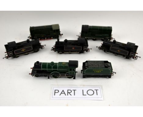 Tri-ang R.350 4-4-0 green with tender, R.150 4-6-0 Black with tender, D3035 Dock Shunter, Hornby Dublo D3302 Diesel Shunter, 