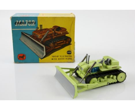 Corgi Major Toys 1102 Euclid TC-12 Tractor With Dozer Blade, pale lime green body, blue engine, black rubber tracks, in origi