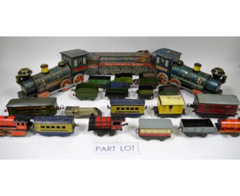 Two Japanese Modern Toys tin plate locomotives, another similar, and other tin plate and clockwork locomotives and rolling st