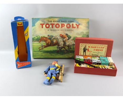 Pelhams Virgil Thunderbirds puppet, Hamley's Magician's chest, Totopoly board game.    