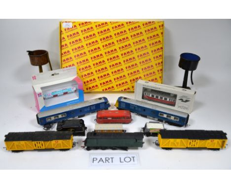 A Tri-ang Railways Operating Mail Coach Set and a Fama Alpenbahn track set, both boxed, together with a quantity of locomotiv