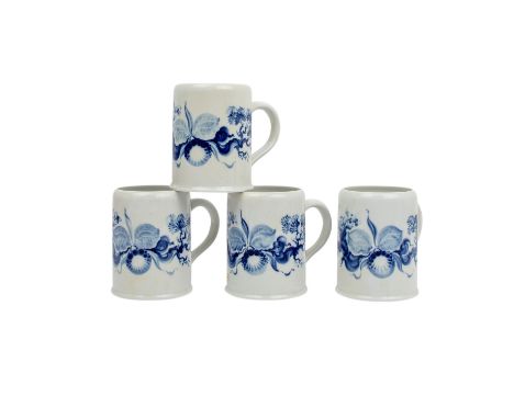 MEISSEN 4 Krüge, 20. Jh Unterglasurblaue Malerei "Orchidee auf Ast", Walzenkrug mit Ohrenhenkel, H je 14 cm, Schwertermarken 